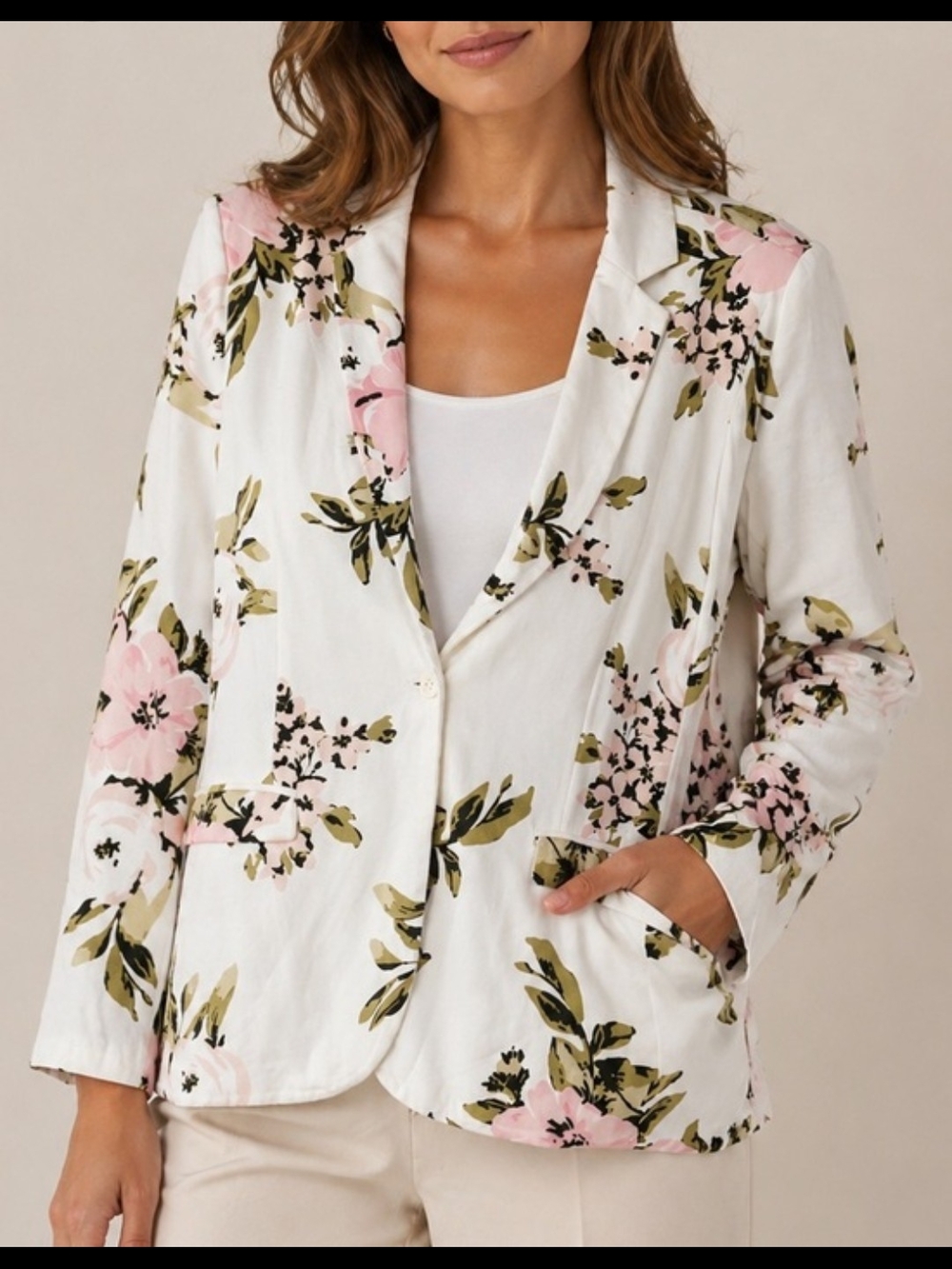 Philosophy White Blazer with Pink Floral Print.